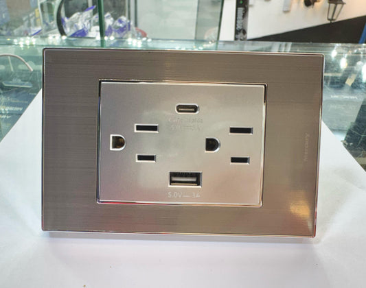 Toma Doble + USB Premium Stainless | Color Acero